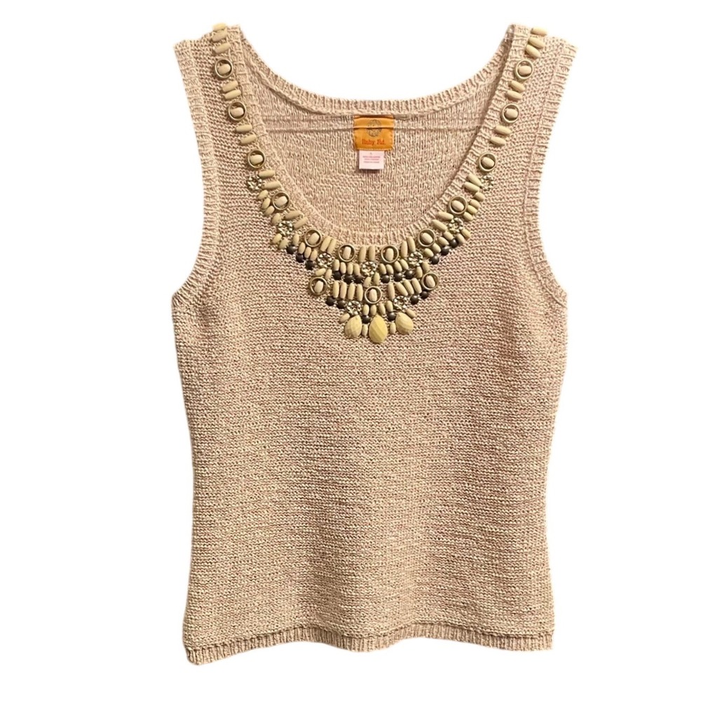 Ruby Rd Womens Large Beaded Statement‎ Knit Tank Top Champagne Beige Scoop Neck